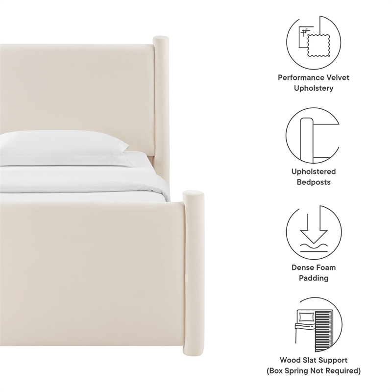 Maklaine Performance Velvet Upholstered Twin Platform Bed in Alabaster