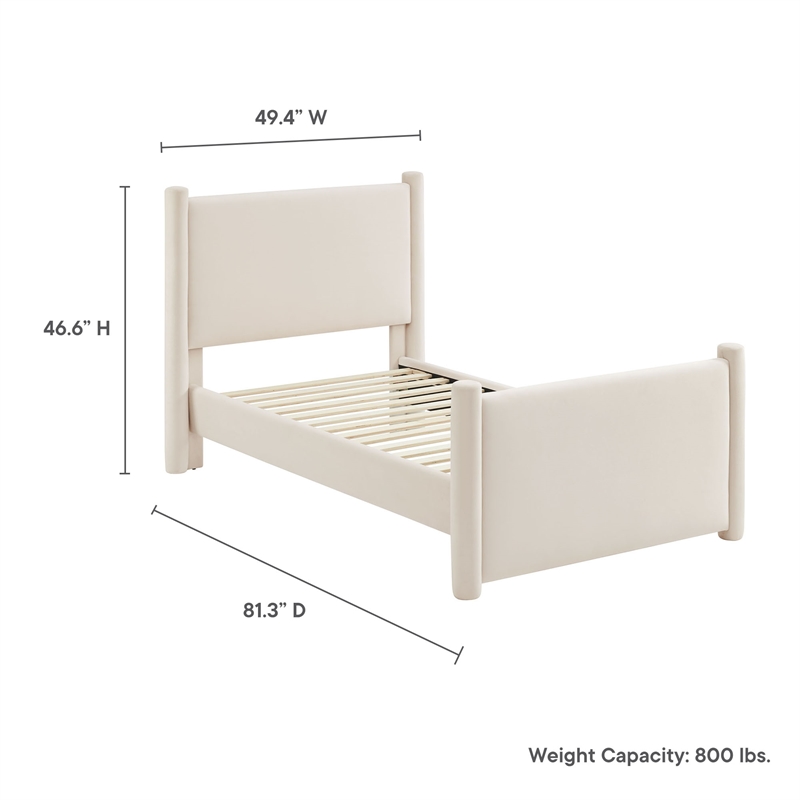Maklaine Performance Velvet Upholstered Twin Platform Bed in Alabaster