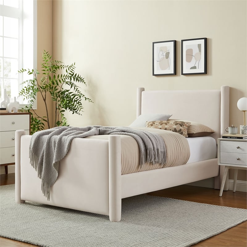 Maklaine Performance Velvet Upholstered Twin Platform Bed in Alabaster