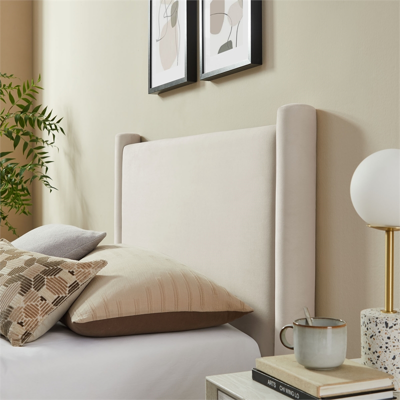 Maklaine Performance Velvet Upholstered Twin Platform Bed in Alabaster