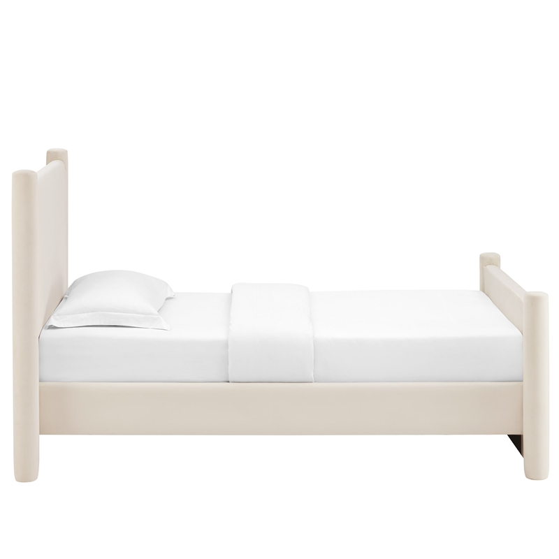 Maklaine Performance Velvet Upholstered Twin Platform Bed in Alabaster