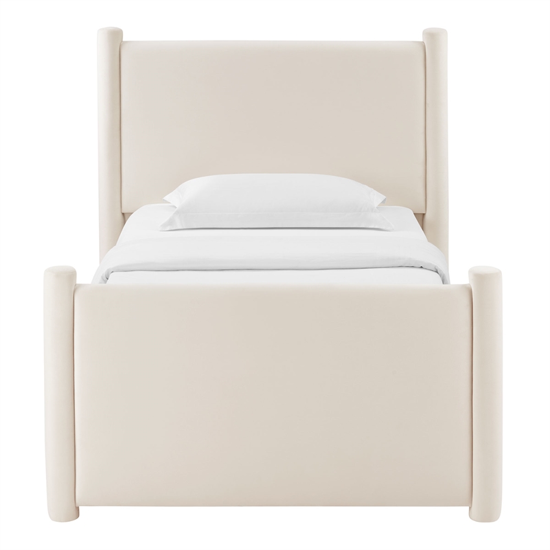 Maklaine Performance Velvet Upholstered Twin Platform Bed in Alabaster