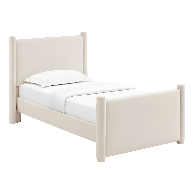 Maklaine Performance Velvet Upholstered Twin Platform Bed in Alabaster