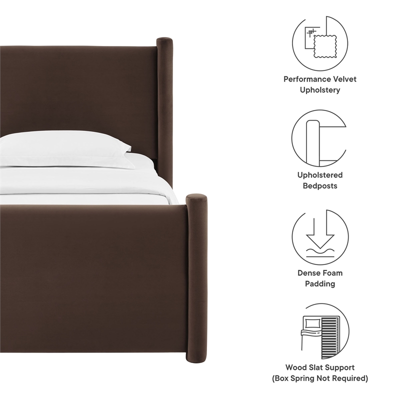 Maklaine Performance Velvet Upholstered Twin Platform Bed in Chocolate Brown