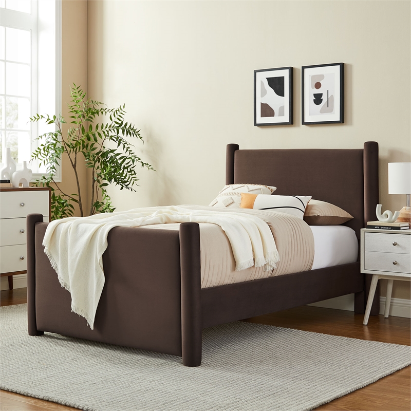 Maklaine Performance Velvet Upholstered Twin Platform Bed in Chocolate Brown