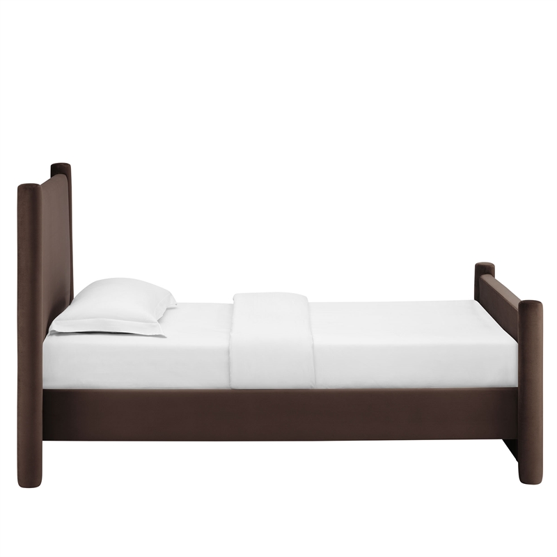 Maklaine Performance Velvet Upholstered Twin Platform Bed in Chocolate Brown