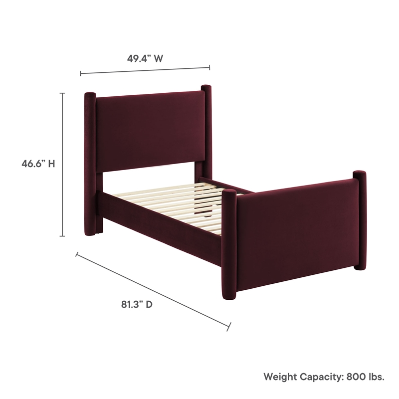 Maklaine Performance Velvet Upholstered Twin Platform Bed in Mulberry
