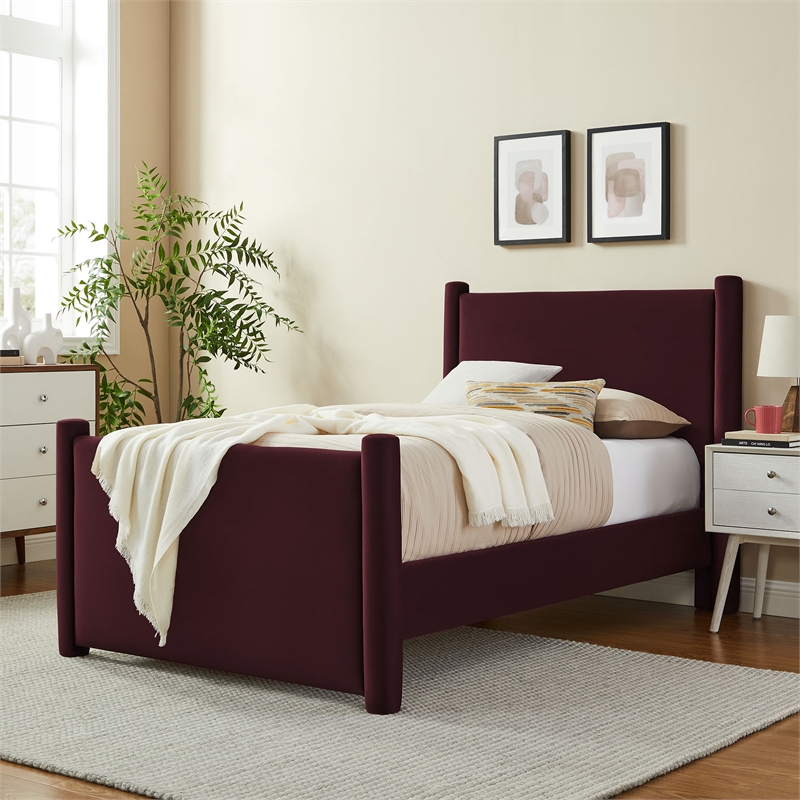 Maklaine Performance Velvet Upholstered Twin Platform Bed in Mulberry