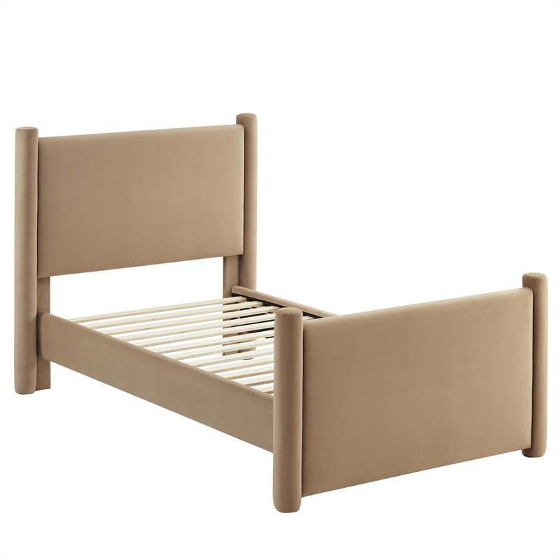 Maklaine Contemporary Performance Velvet Upholstered Twin Platform Bed in Taupe