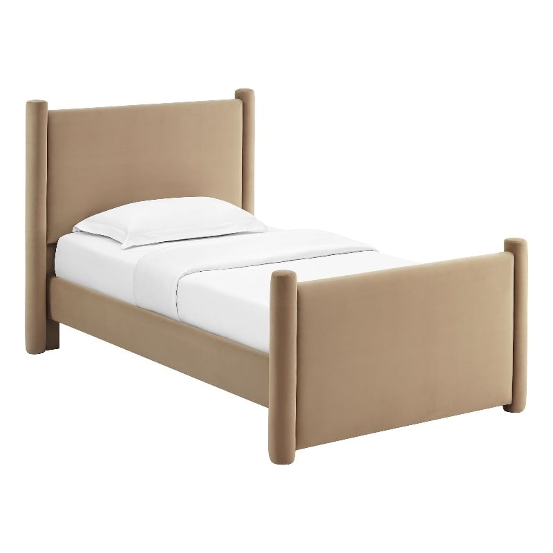 Maklaine Contemporary Performance Velvet Upholstered Twin Platform Bed in Taupe