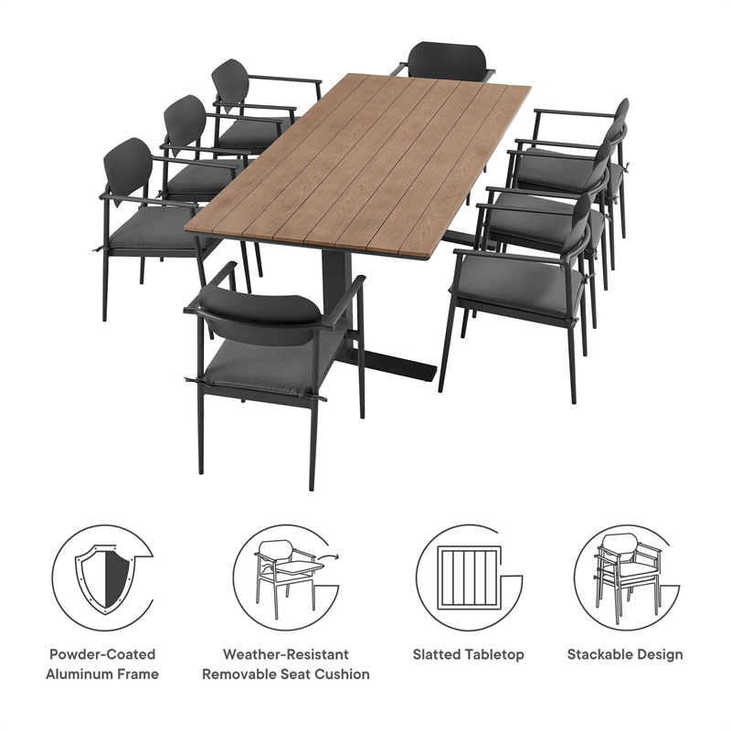 Maklaine Powder-Coated Aluminum Frame 9-Piece Dining Set in Charcoal