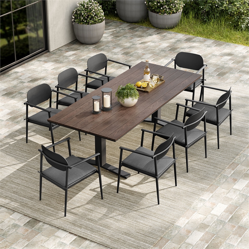 Maklaine Powder-Coated Aluminum Frame 9-Piece Dining Set in Charcoal