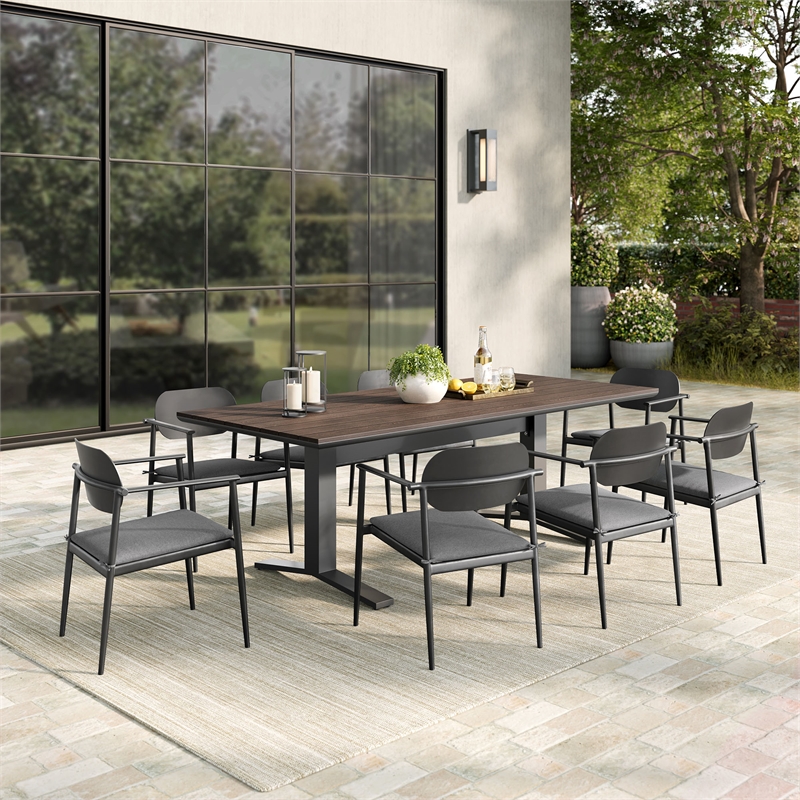 Maklaine Powder-Coated Aluminum Frame 9-Piece Dining Set in Charcoal