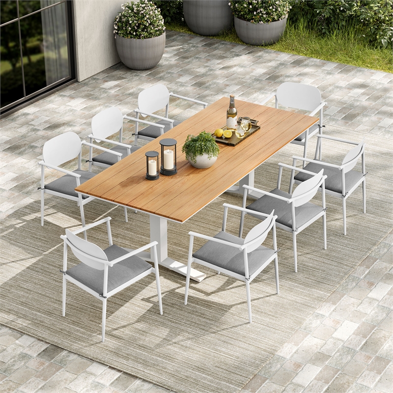 Maklaine Contemporary Powder-Coated Aluminum Frame 9-Piece Dining Set in White