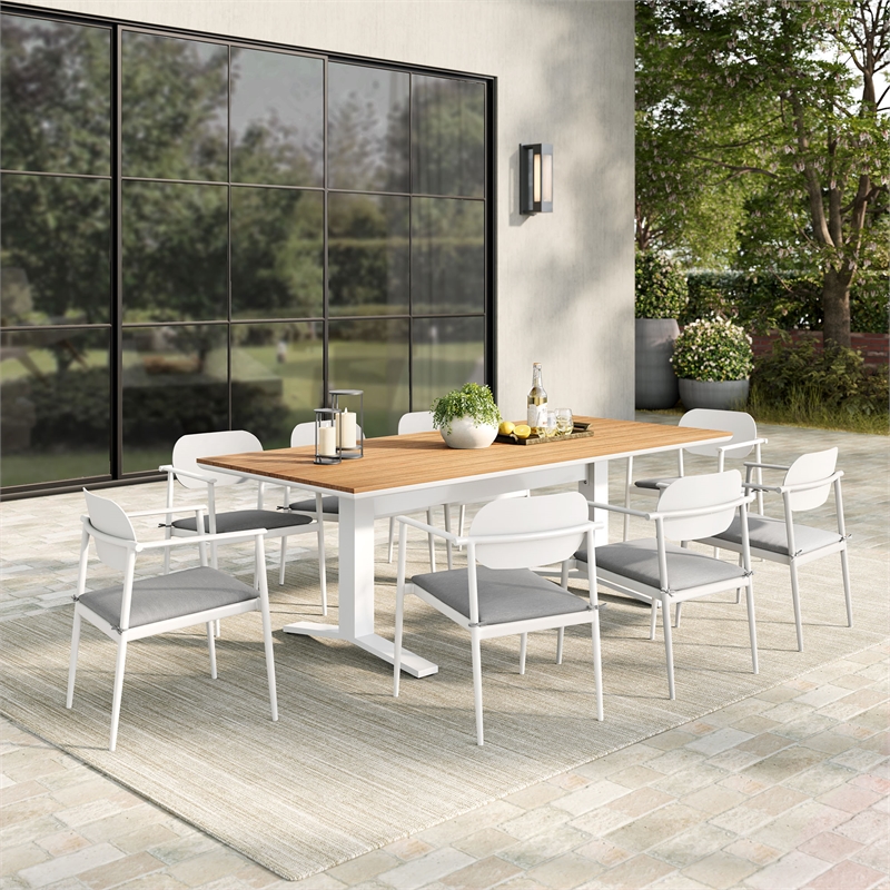 Maklaine Contemporary Powder-Coated Aluminum Frame 9-Piece Dining Set in White