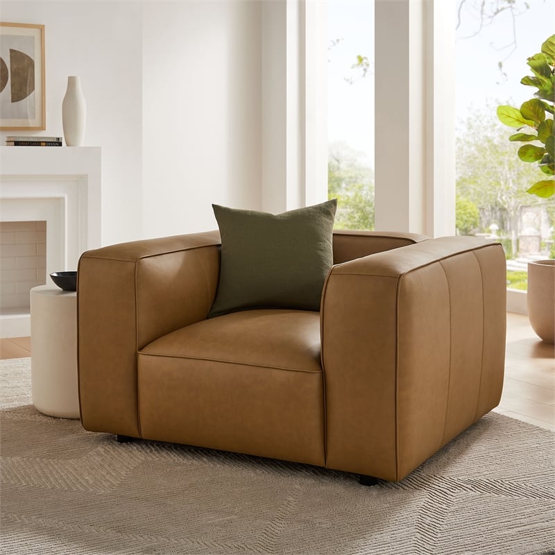 Maklaine Contemporary Vegan Leather Upholstered Armchair in Camel