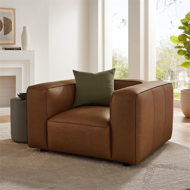 Maklaine Contemporary Vegan Leather Upholstered Armchair in Coffee