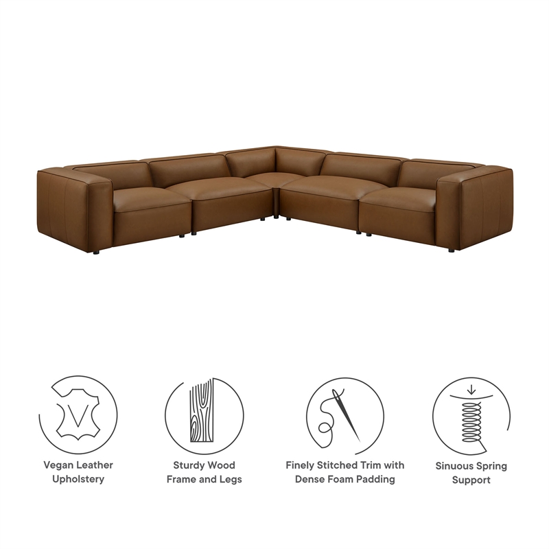 Maklaine Contemporary Vegan Leather Upholstered 5-Piece L-Shaped Sofa in Coffee