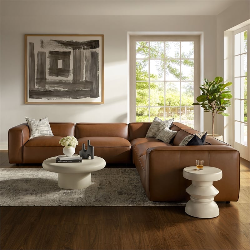 Maklaine Contemporary Vegan Leather Upholstered 5-Piece L-Shaped Sofa in Coffee