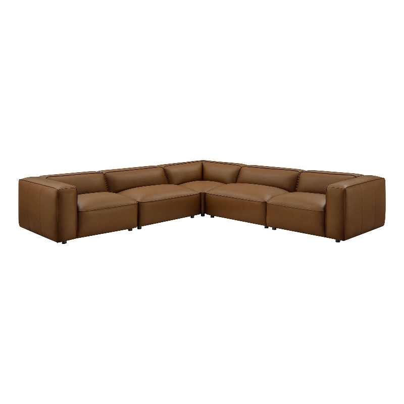Maklaine Contemporary Vegan Leather Upholstered 5-Piece L-Shaped Sofa in Coffee