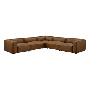 Maklaine Contemporary Vegan Leather Upholstered 5-Piece L-Shaped Sofa in Coffee