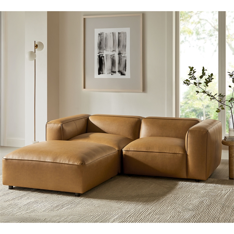Maklaine 3-Piece Vegan Leather Upholstered Loveseat with Ottoman in Camel