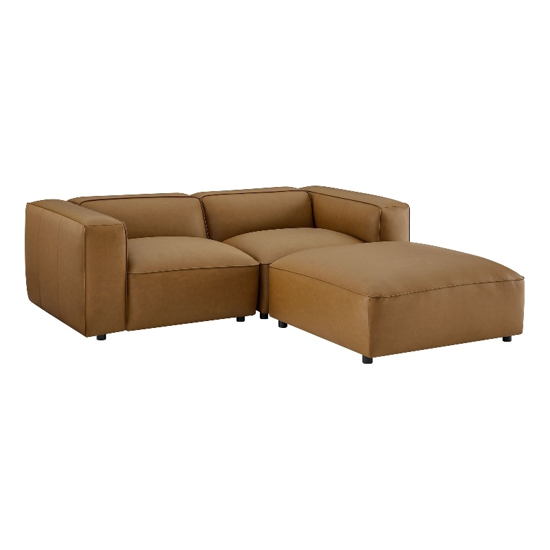 Maklaine 3-Piece Vegan Leather Upholstered Loveseat with Ottoman in Camel