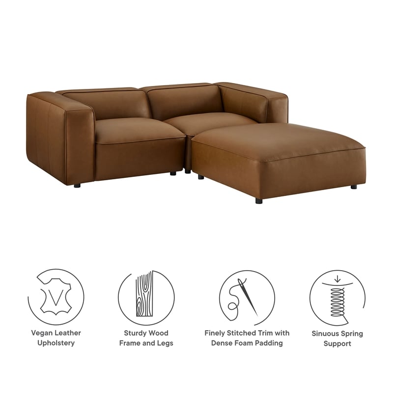 Maklaine 3-Piece Vegan Leather Upholstered Loveseat with Ottoman in Coffee