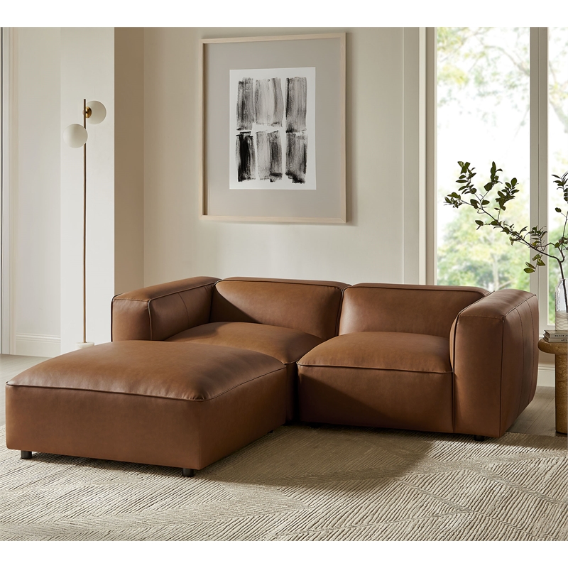 Maklaine 3-Piece Vegan Leather Upholstered Loveseat with Ottoman in Coffee
