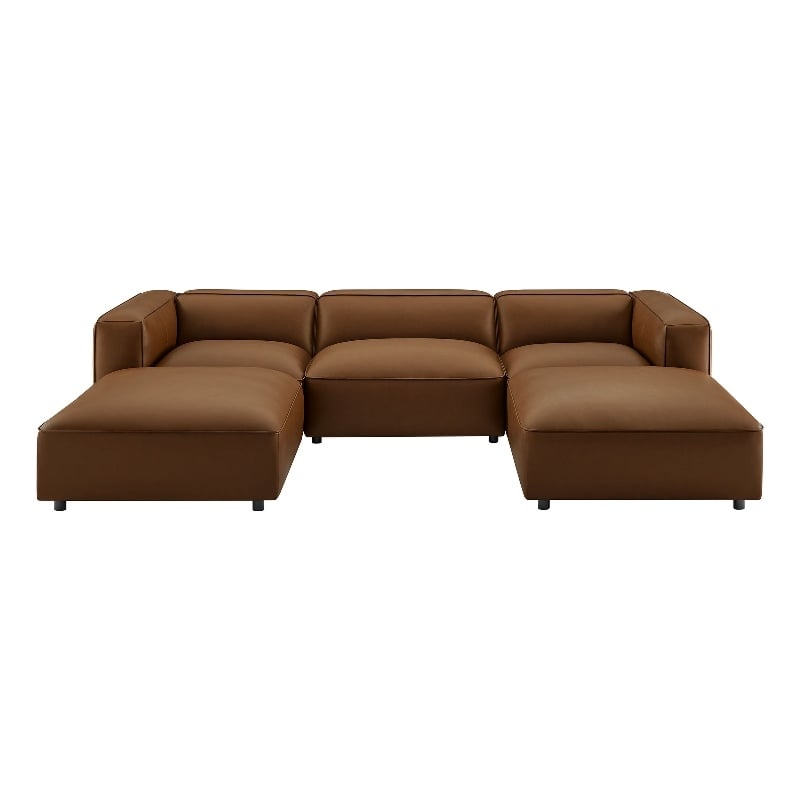 Maklaine Contemporary Vegan Leather Upholstered 5-Piece U-Shaped Sofa in Coffee