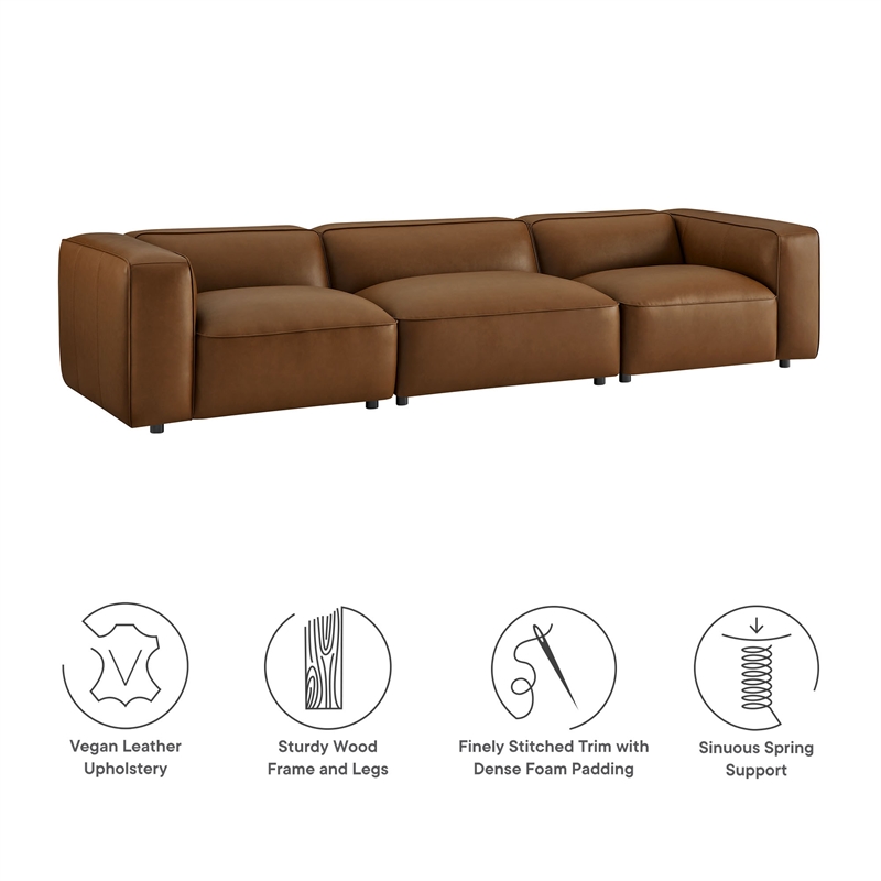 Maklaine Contemporary Vegan Leather Upholstered 3-Piece Sofa in Coffee