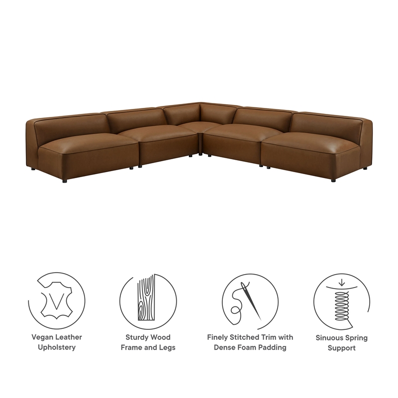 Maklaine Contemporary Vegan Leather Upholstered 5-Piece Sofa in Coffee