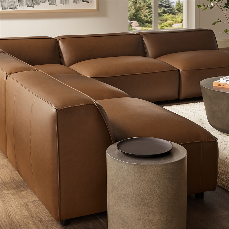 Maklaine Contemporary Vegan Leather Upholstered 5-Piece Sofa in Coffee