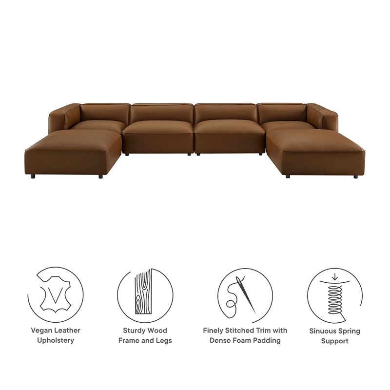 Maklaine Contemporary Vegan Leather Upholstered 6-Piece Sofa in Coffee