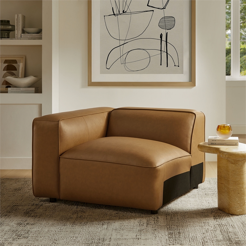 Maklaine Contemporary Vegan Leather Upholstered Left Armchair in Camel