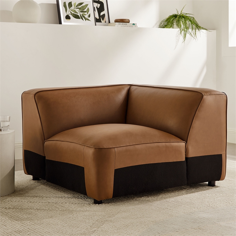 Maklaine Contemporary Vegan Leather Upholstered Corner Chair in Coffee