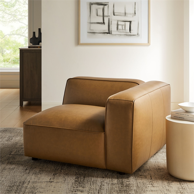 Maklaine Contemporary Vegan Leather Upholstered Right Armchair in Camel