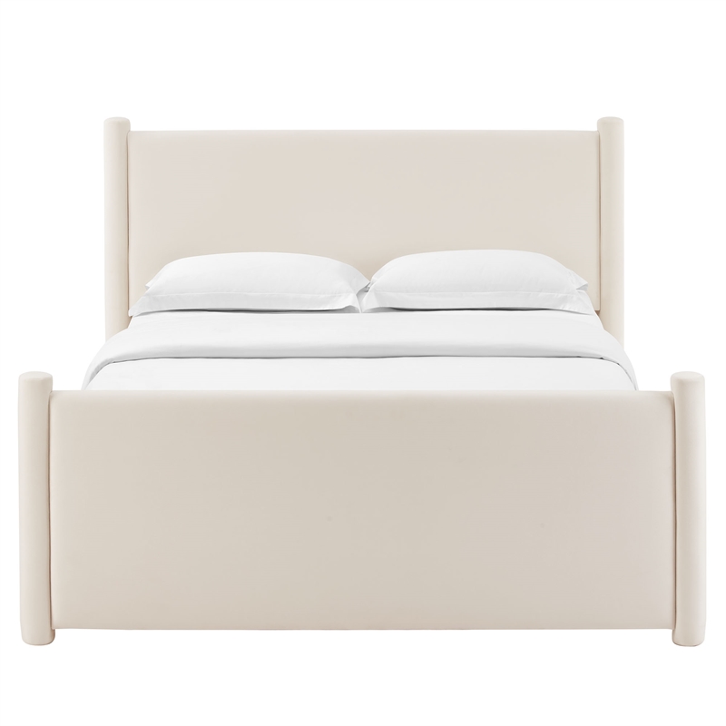 Maklaine Performance Velvet Upholstered Full Platform Bed in Alabaster