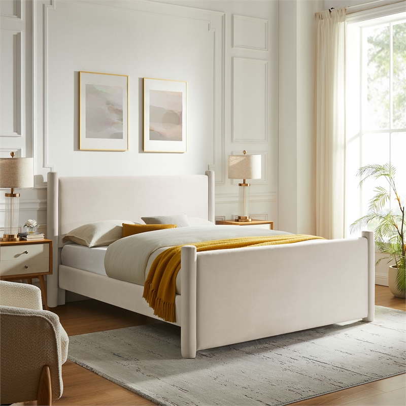 Maklaine Performance Velvet Upholstered King Platform Bed in Alabaster