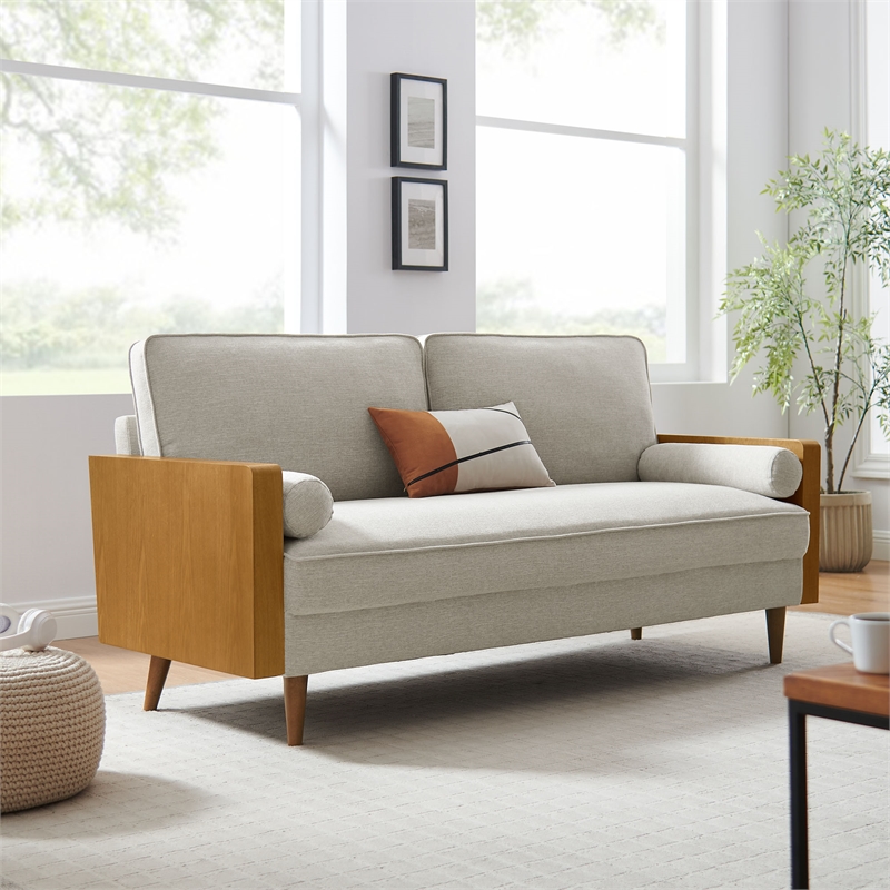 Maklaine Contemporary Upholstered Sofa in Walnut Heathered Weave Ivory