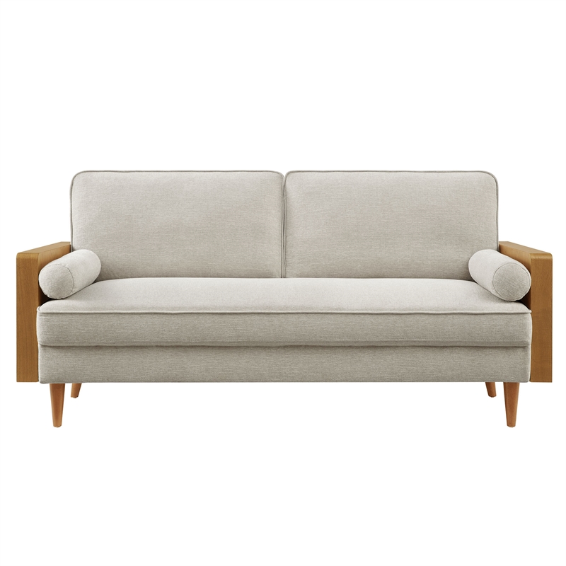 Maklaine Contemporary Upholstered Sofa in Walnut Heathered Weave Ivory