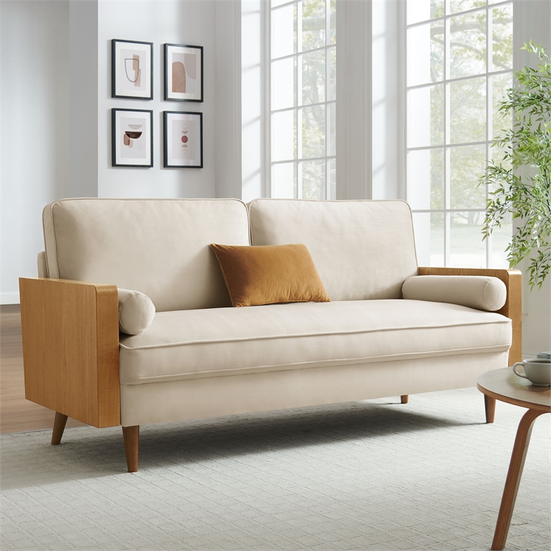 Maklaine Performance Velvet Upholstered 3-Seater Sofa in Walnut/Alabaster