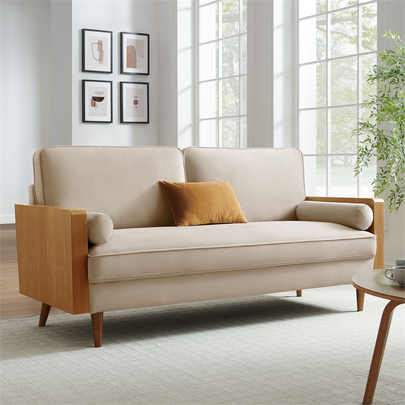 Maklaine Performance Velvet Upholstered 3-Seater Sofa in Walnut/Almond