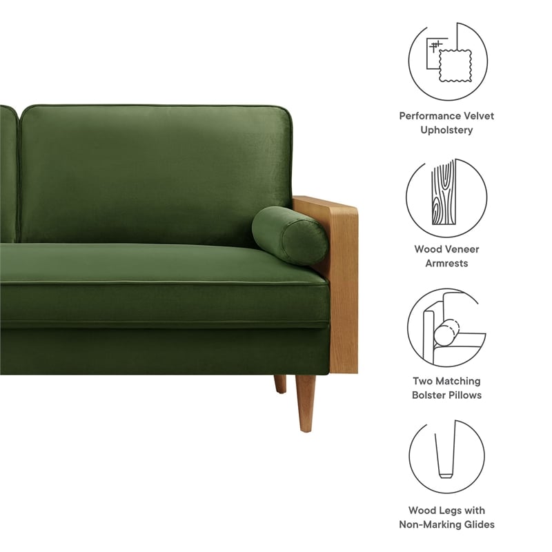 Maklaine Contemporary Performance Velvet Upholstered Sofa in Walnut Moss Green