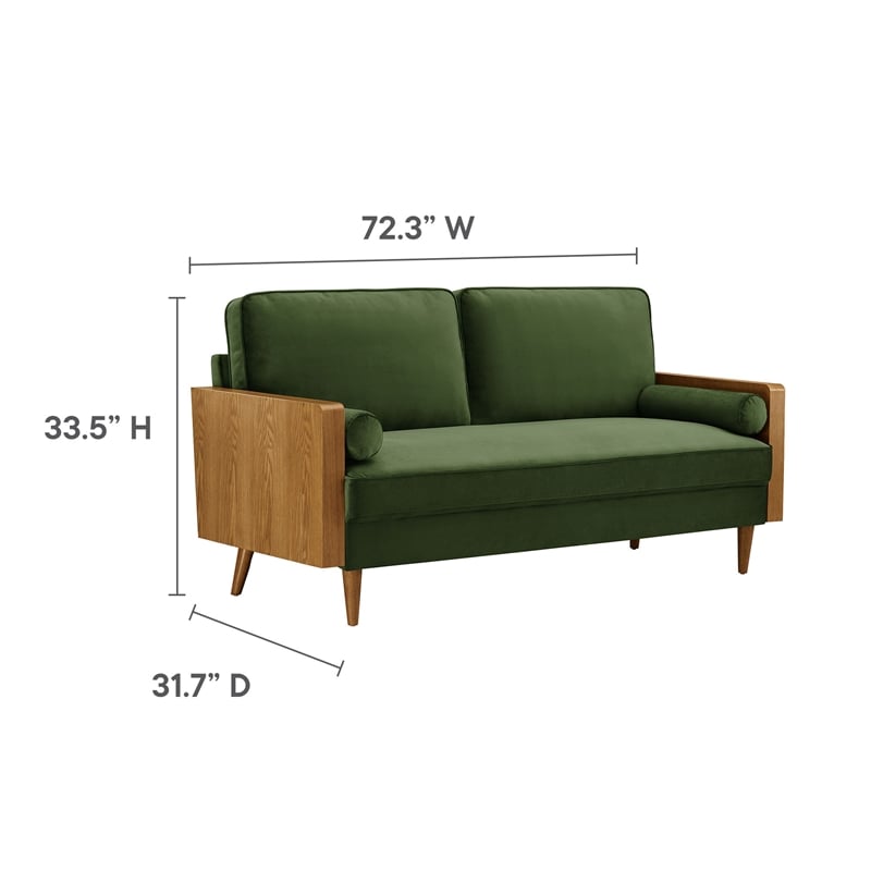 Maklaine Contemporary Performance Velvet Upholstered Sofa in Walnut Moss Green