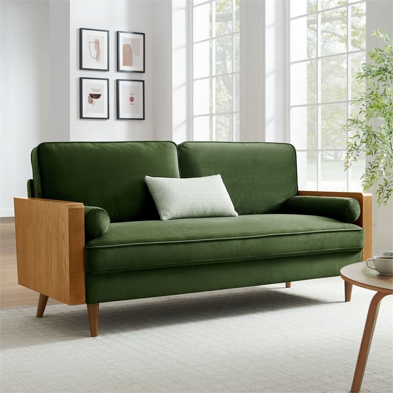 Maklaine Contemporary Performance Velvet Upholstered Sofa in Walnut Moss Green