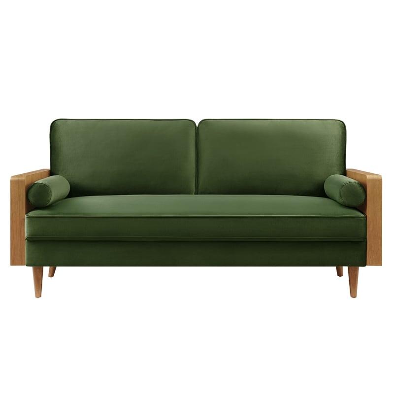 Maklaine Contemporary Performance Velvet Upholstered Sofa in Walnut Moss Green