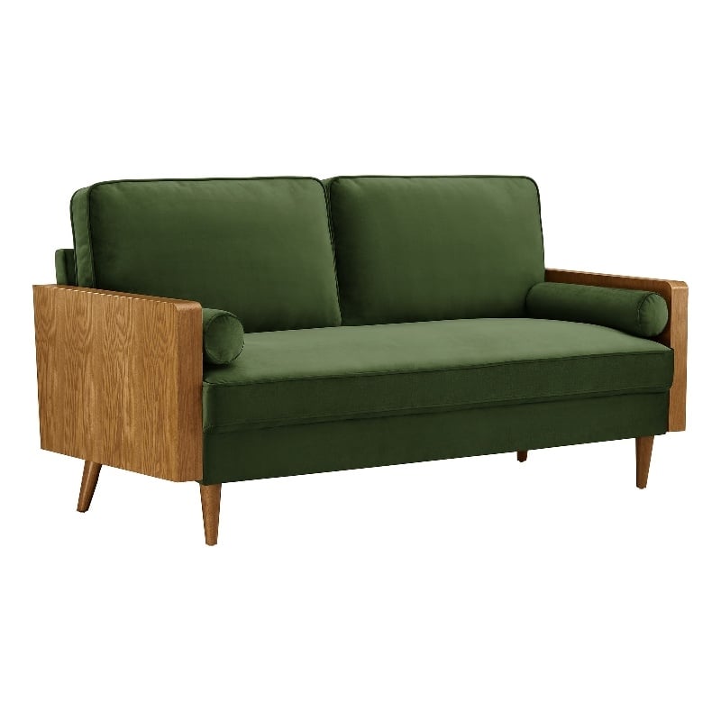 Maklaine Contemporary Performance Velvet Upholstered Sofa in Walnut Moss Green