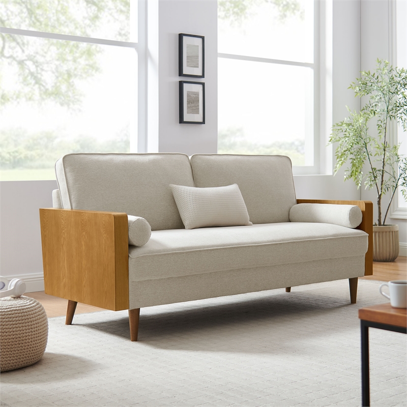 Maklaine Contemporary Sofa in Walnut Heathered Weave Light Beige