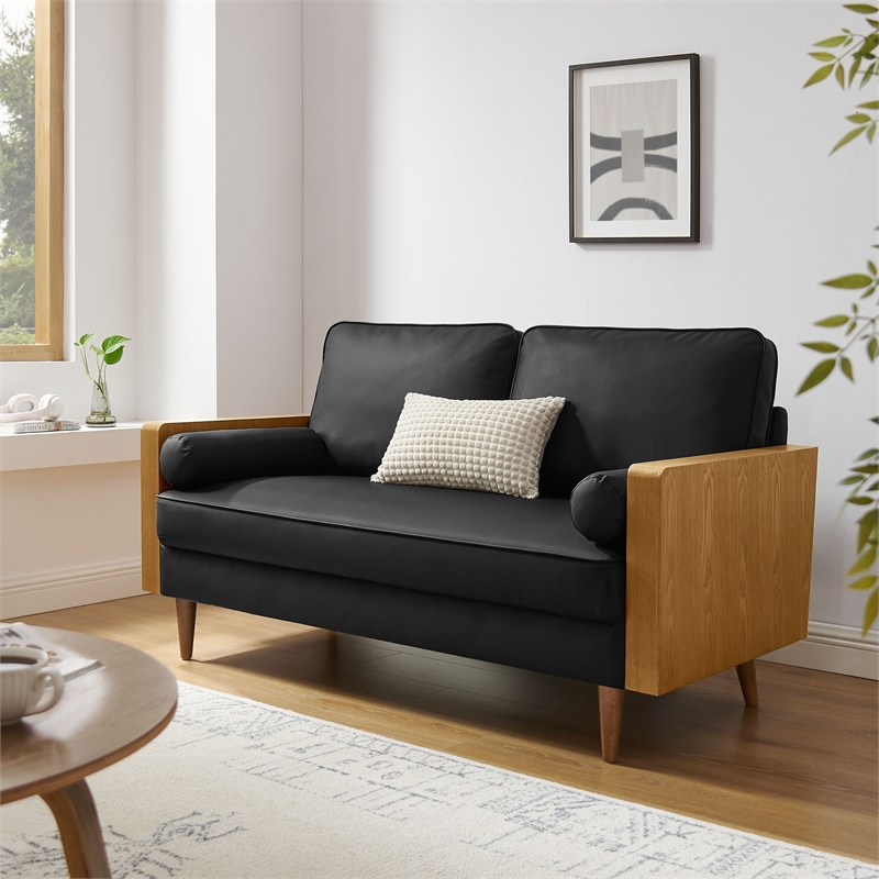 Maklaine Contemporary Vegan Leather Upholstered Loveseat in Walnut Black